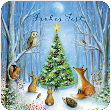 Weihnachtskarte Frohes Fest, Tiere um Weihnachtsbaum, illustriert von Ileana Oakley