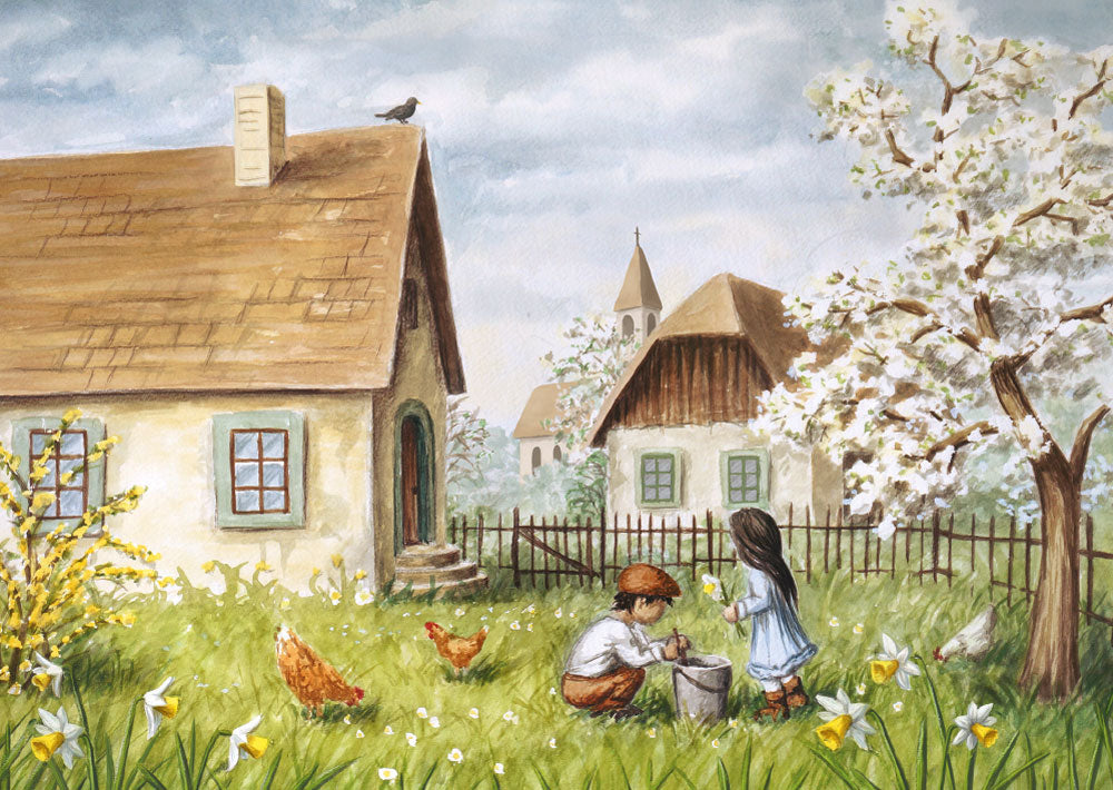 Postkarte Fruehlingsgarten von Raphaela Berendt: Kinder bei der Gartenarbeit mit Forsythie