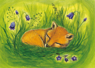 Postkarte Füchslein: schlafender Fuchswelpe eingerollt im Gras mit Glockenblumen, Illustration von Heike Stinner