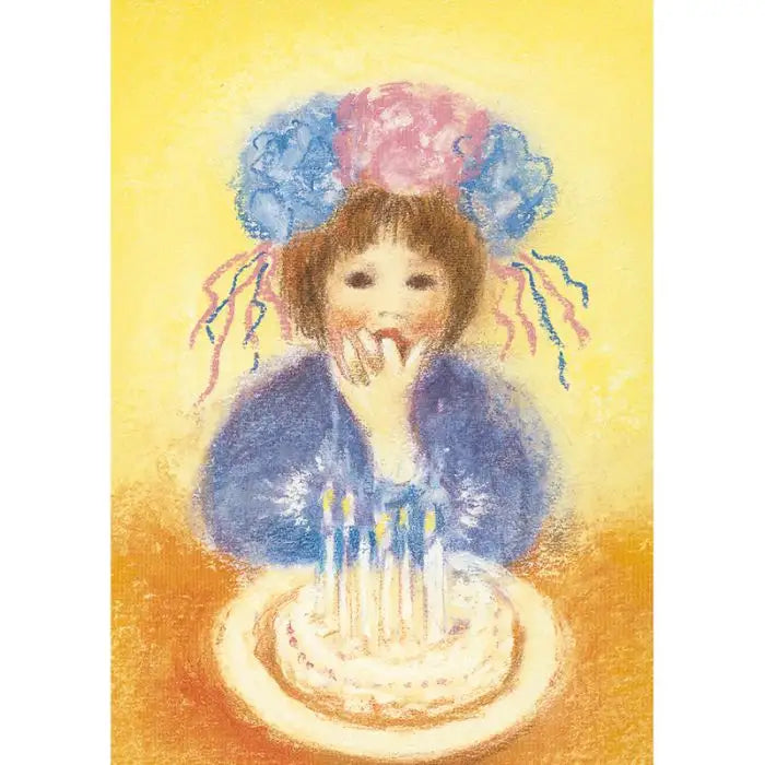 Postkarte Geburtstag: Kind mit Blumenkranz vor Kuchen mit Kerzen, Pastell von Marjan van Zeyl