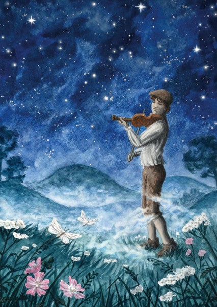 Postkarte Geigenspieler: Junge spielt Geige unter Sternenhimmel auf Blumenwiese, Aquarell von Raphaela Behrendt