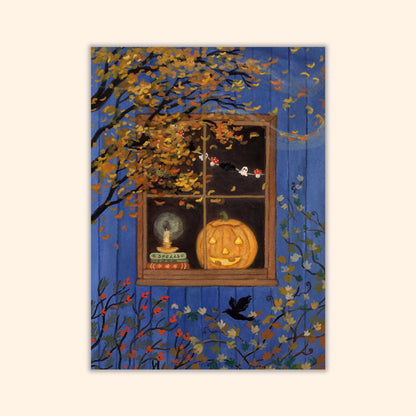 Postkarte Geistergirlande, Halloween-Kürbiss am Fenster, illustriert von Asia Spettel  