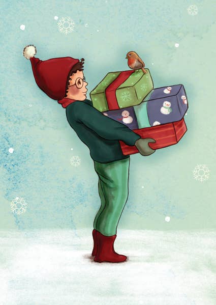 Postkarte Geschenke, Junge mit drei Paketen im Schnee, illustriert von Belle & Boo 