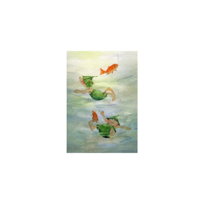 Postkarte Giesbert schwimmt und taucht: Wurzelkinder mit Goldfischen unter Wasser, Aquarell von Daniela Drescher