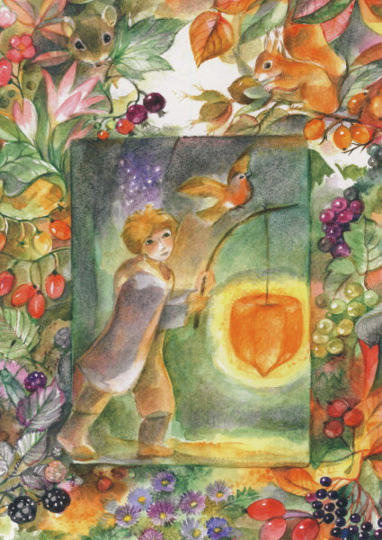Kind mit leuchtender Lampionblume und Rotkehlchen, gerahmt von Herbstfrüchten – Postkarte Goldener Herbst von Marie Laure Viriot