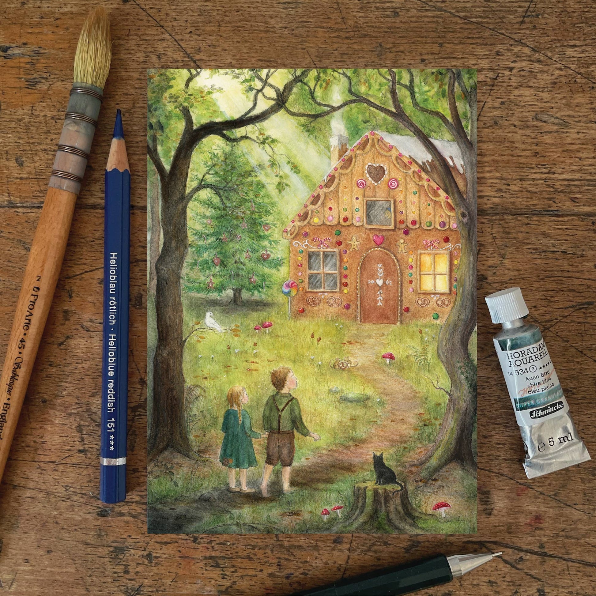 Märchen Postkarte Hänsel und Gretel Märchen Brüder Grimm PKSO340: Hänsel und Gretel Lebkuchenhaus Wald 
Zeichnung von Mhairi Hellbrandt
