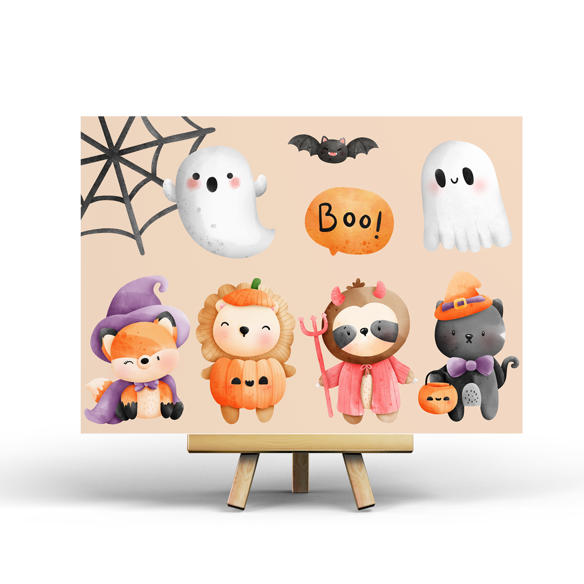 Postkarte Halloween Party, verkleidete Tiere, Geister, von Penpaling_Paula