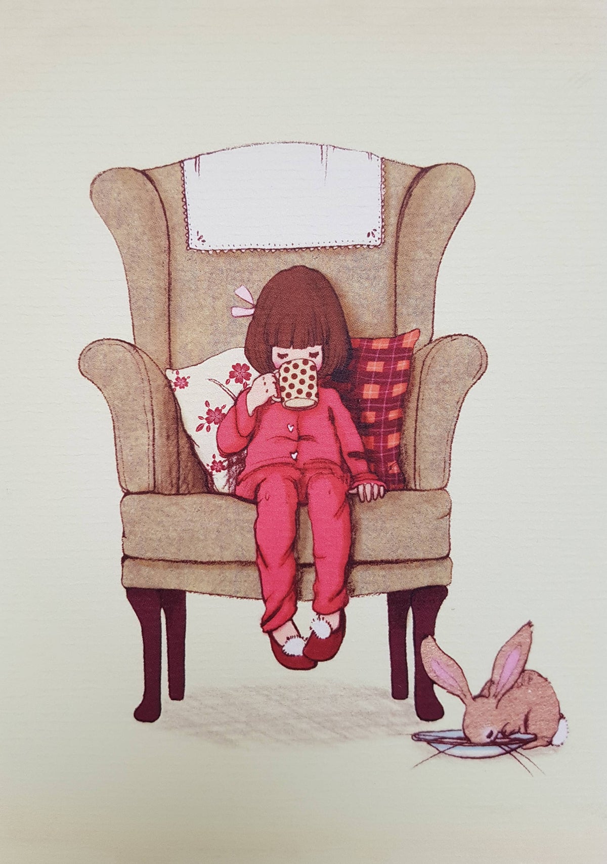 Postkarte Heiße Schokolade, Mädchen im Sessel mit Tasse-von Belle & Boo