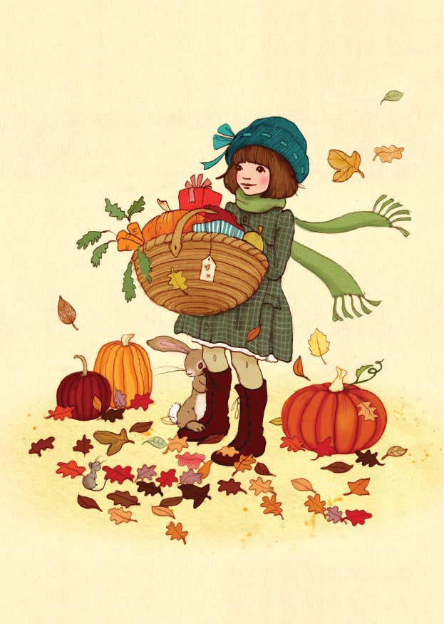 Postkarte Herbst ,Mädchen mit Korb Kürbis, Herbstlaub- Illustriert von Belle & Boo
