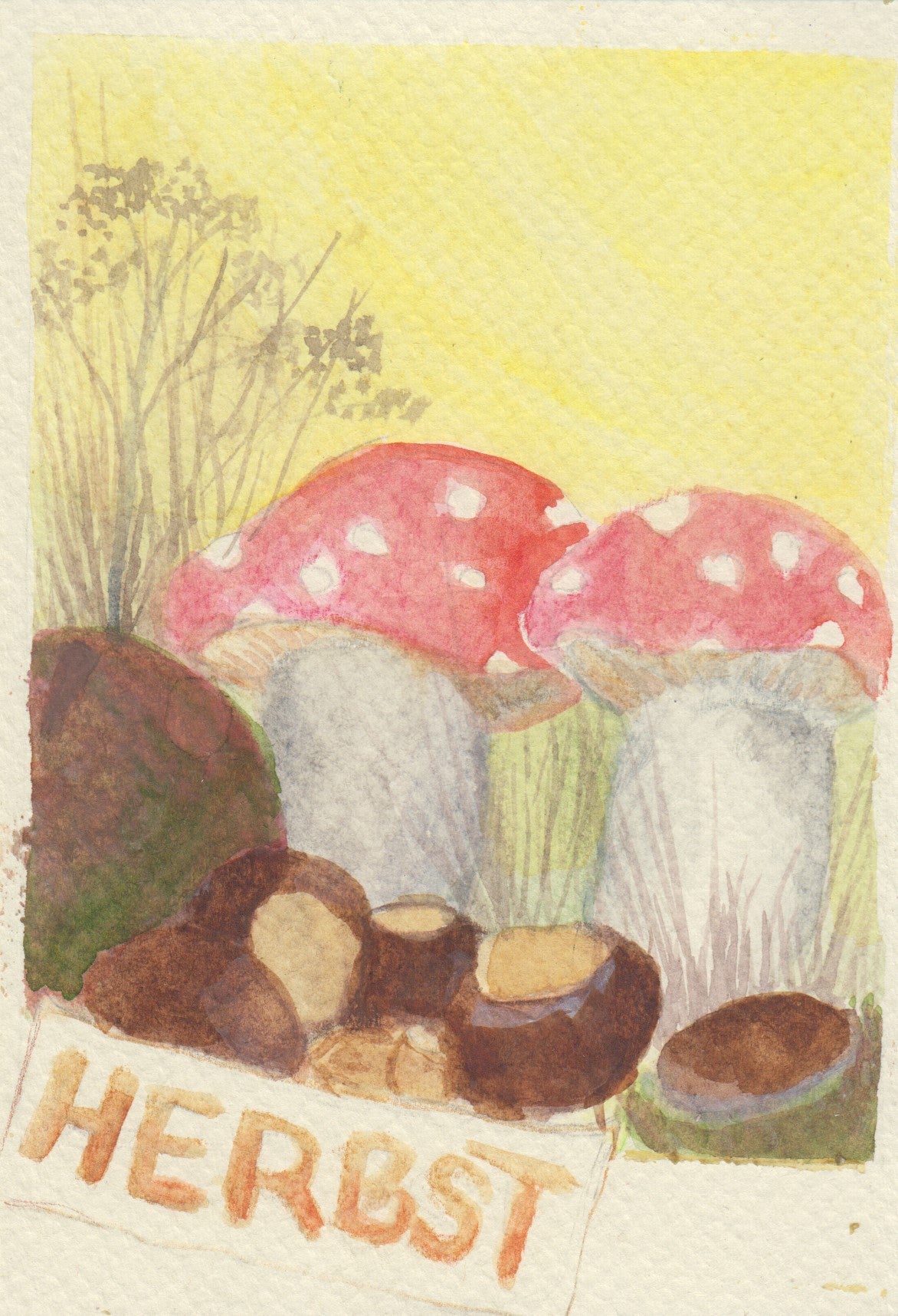 Herbst Postkarte Herbst PKHE200: Fliegenpilze und braune Roehrenpilze mit handgeschriebenem Schriftzug HERBST, Aquarell von Christiane Cousquer