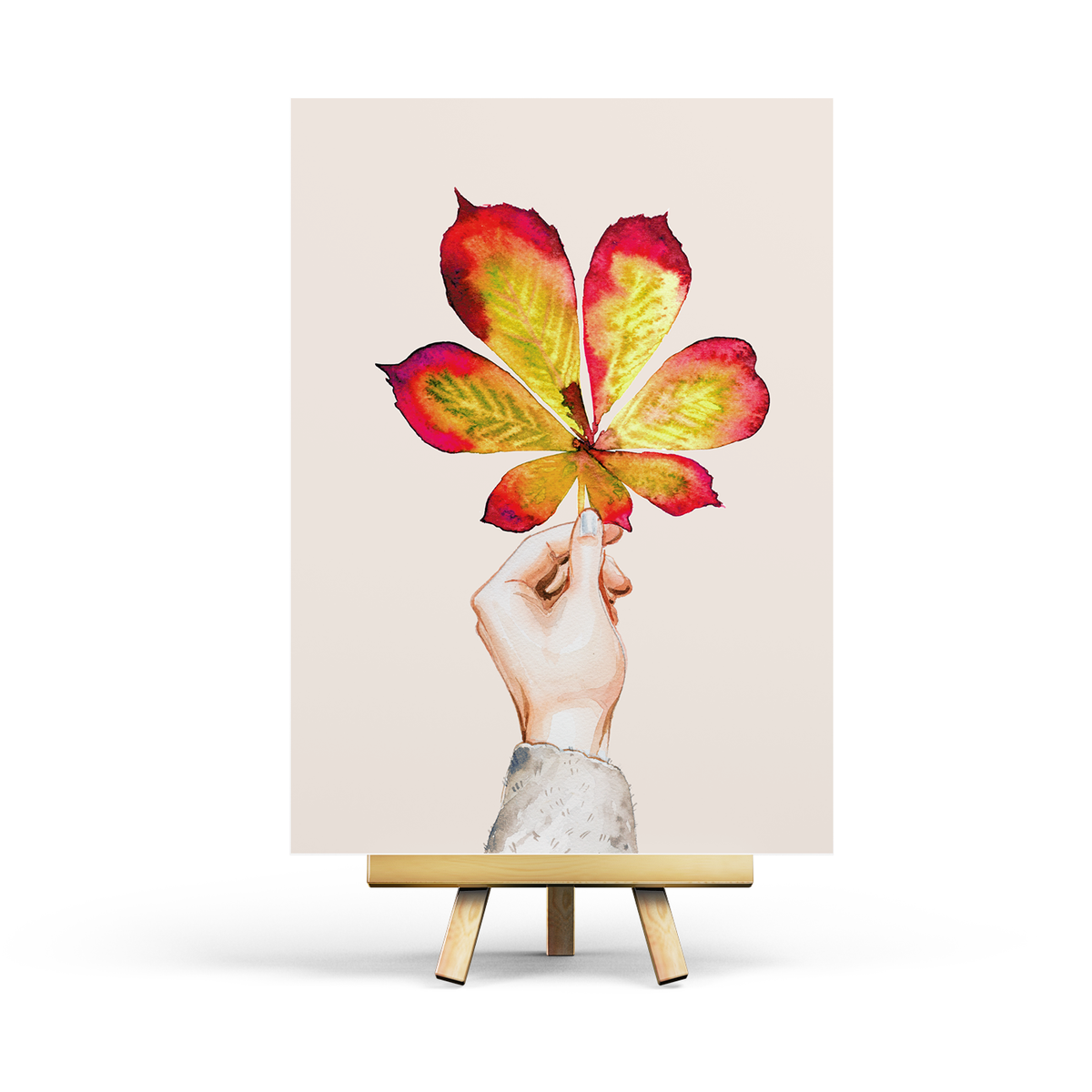 Postkarte Herbstblatt zeigt buntes Kastanienblatt, von Penpaling_Paula