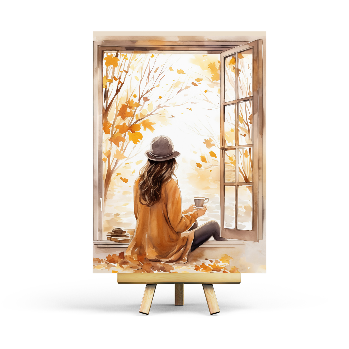Postkarte Herbstmädchen zeigt Frau am offenen Fenster, illustriert von Penpaling_Paula