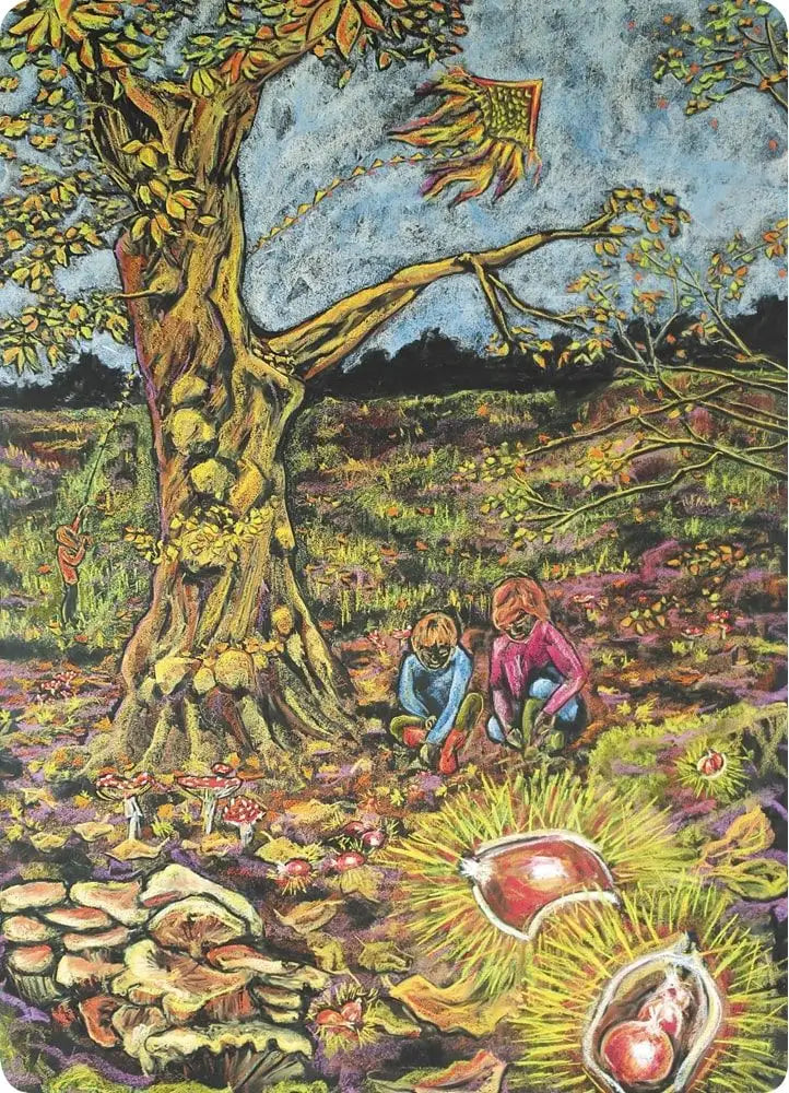 Herbst Postkarte Herbstwind PKHE223: Kinder sammeln Kastanien unter altem Baum mit verfangenem Drachen, Pastellbild von Geertje Kapteijns