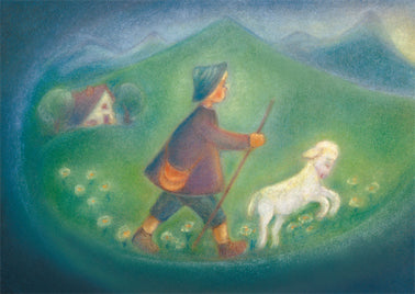 Waldorf Postkarte Hirtenbueblein von Ruth Elsaesser: Hirtenjunge fuehrt Lamm durch Wiesenlandschaft