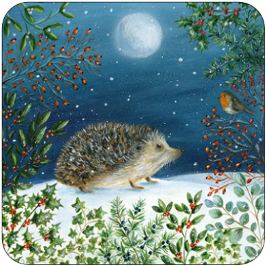 Postkarte Igel und Rotkehlchen, Tiere im Mondschein. Illustriert von Ileana Oakley