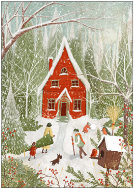 Postkarte Im Weihnachtsgarten, rotes Haus im Schnee, illustriert von Maja Lindberg
