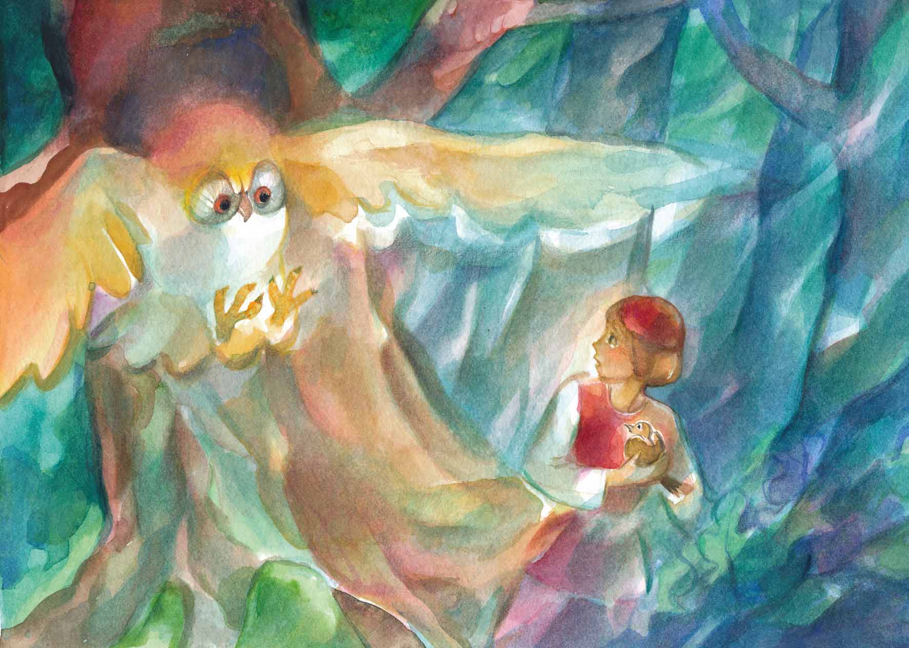 Herbst Postkarte Joringel und Jorinde PKHE227: eulengestaltige Zauberin und Kind mit Voegelchen, Maerchenmotiv nach den Bruedern Grimm, Aquarell von Marie Laure Viriot
