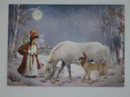 Winter Postkarte Klaasje PKWI318: Maedchen als Nikolaus mit Pony und Hund im Schnee
Zeichnung von Iris Esther