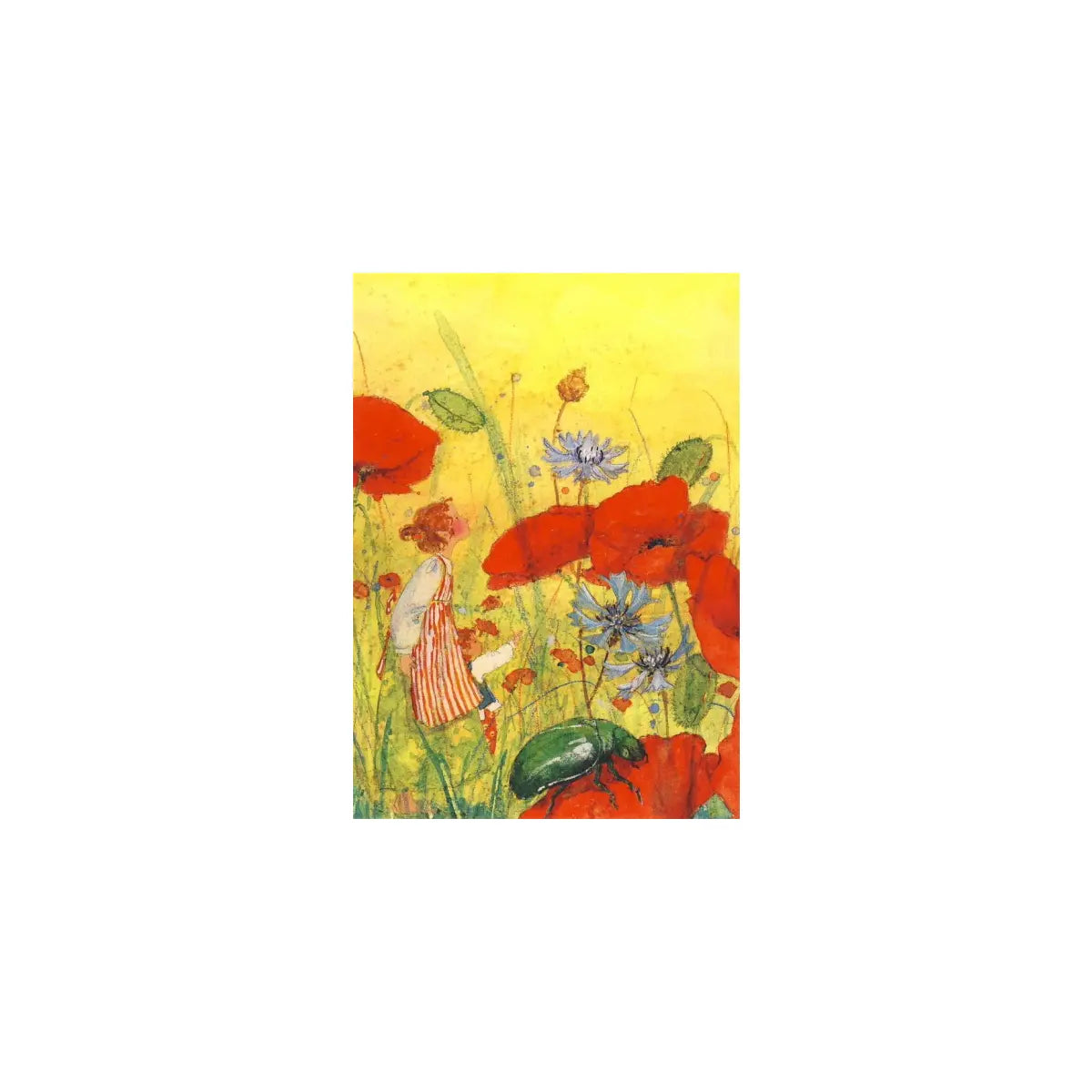 Postkarte Klatschmohn Detailansicht: Mädchen im Mohnfeld mit Rosenkäfer, Aquarell von Daniela Drescher