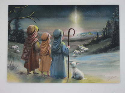 Weihnachts Postkarte kleine Hirten PKWI316: Hirten mit Schafen und hellem Stern
Zeichnung von Iris Esther