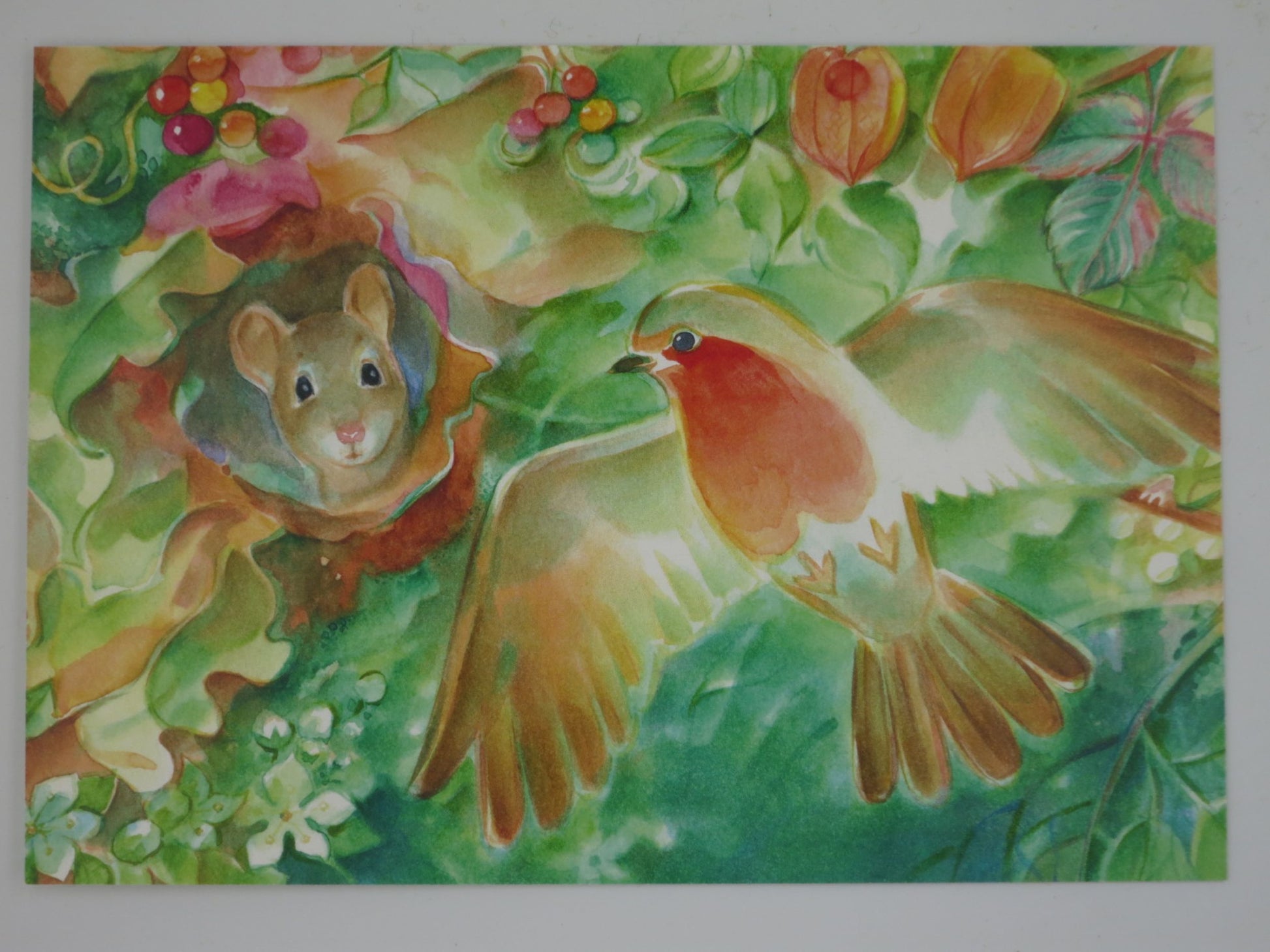 Herbst Postkarte Komm mi PKHE245: Maus und Vogel im Baum
Aquarell von Marie Laure Viriot