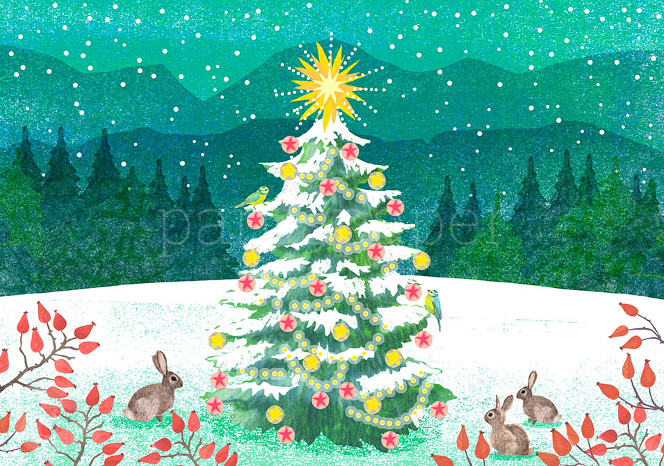 Weihnachtspostkarte Leuchtende Weihnachten im Schnee PKWei124: Weihnachtsbaum im Wald
Zeichnung von Maike Neuendorff