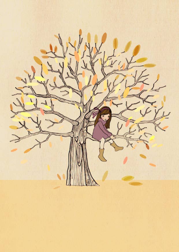 Herbstpostkarte Mein Lieblingsplatz im Herbst, Herbstbaum auf dem ein Mädchen sitzt- Illustriert von Belle & Boo