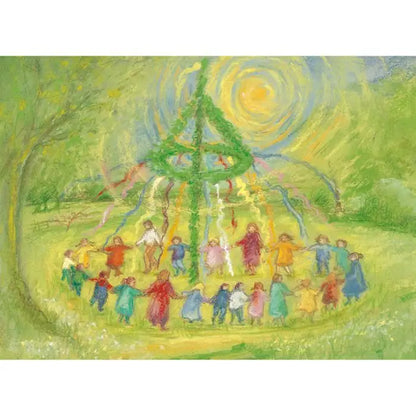 Waldorf Postkarte Maibaum PKFR75: Kinder tanzen im Kreis um geschmückten Maibaum mit bunten Bändern, Design von Marjan van Zeyl