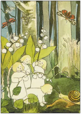 Waldorf Postkarte Maigloeckchen von Sibylle von Olfers: Blumenkinder zwischen Maigloeckchen und Birken