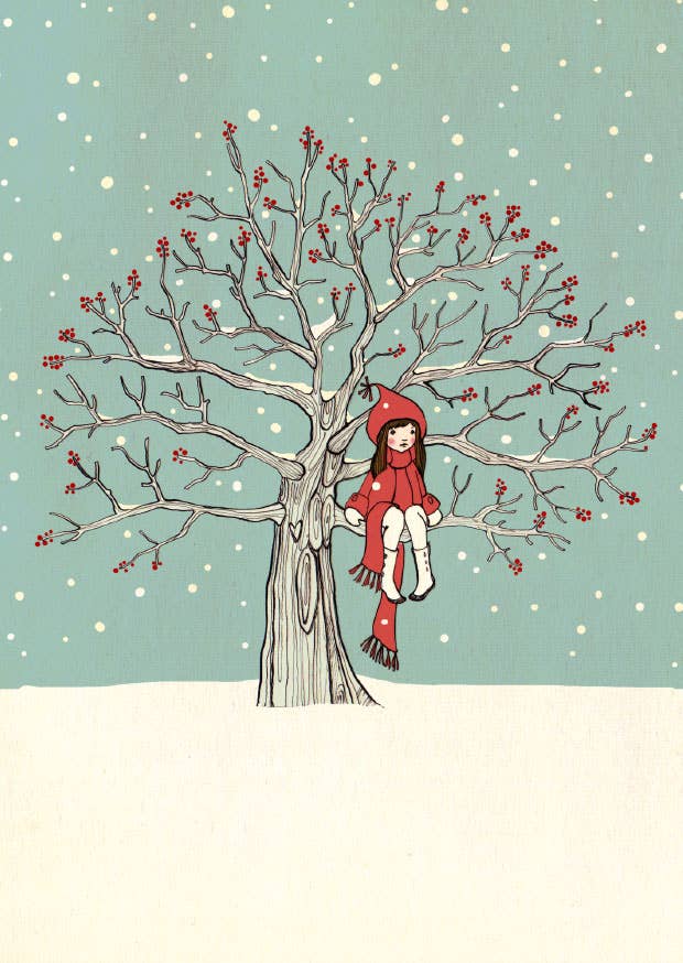 Postkarte Mein Lieblingsplatz im Winter, Mädchen auf Ast, illustriert von Belle & Boo