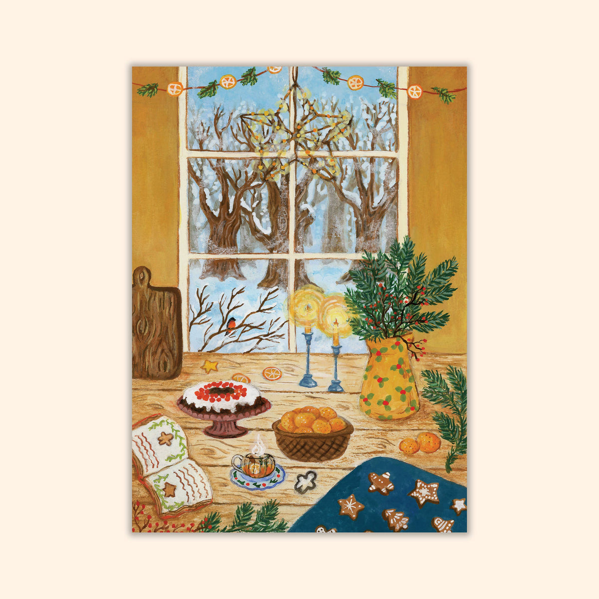 Postkarte Mohnkuchen, Blick aus Fenster auf Winterlanschaft, illustriert von Asia Spettel