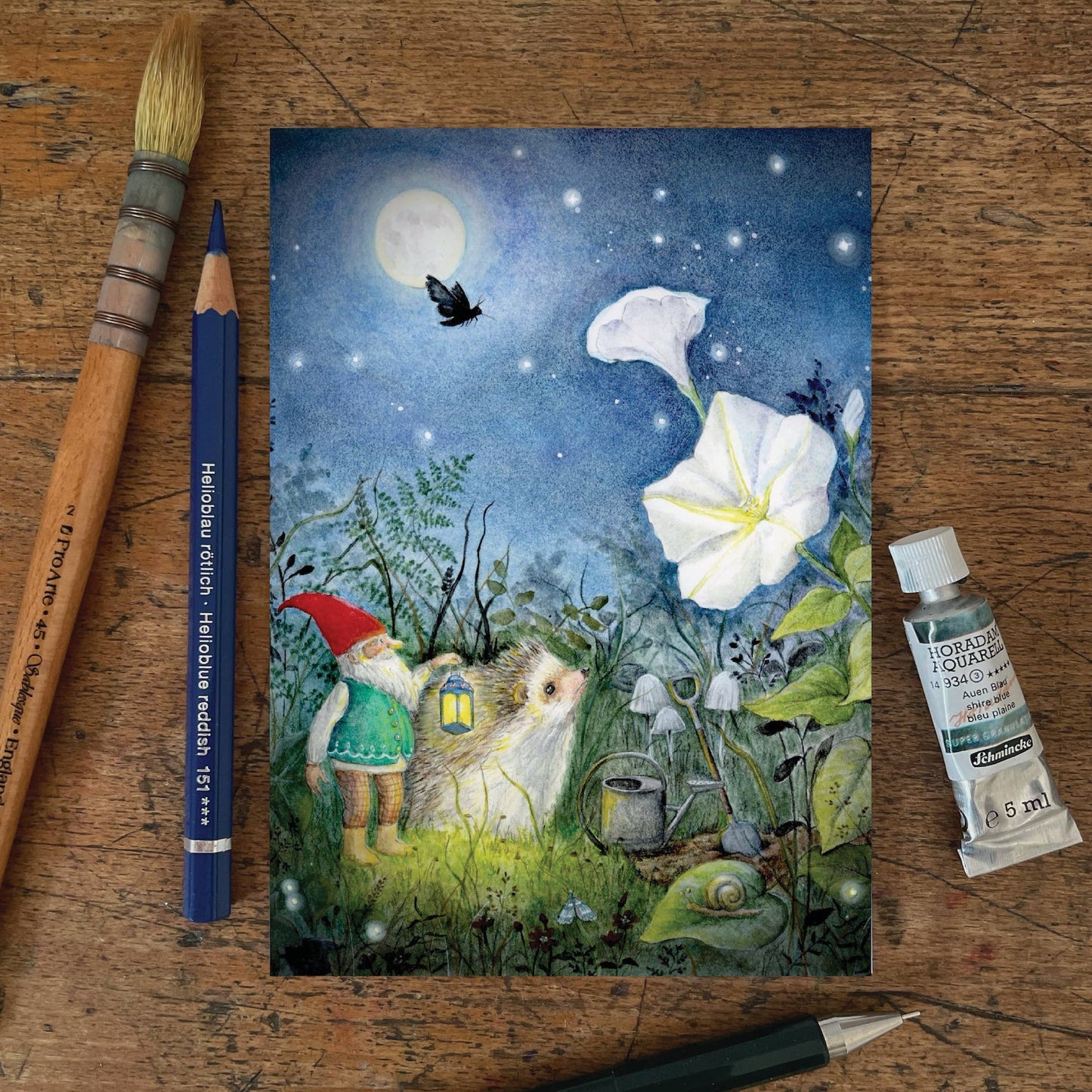 Sommer Postkarte Mondblume PKSO338:
Wichtel mit Igel betrachtet große Blume
Zeichnung von Mhairi Hellbrandt