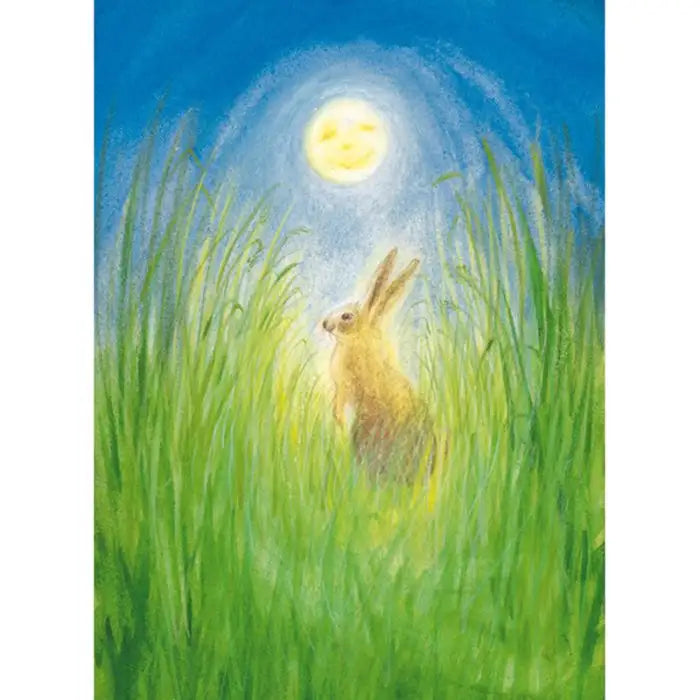 Waldorf Postkarte Mondhase von Marjan van Zeyl: Hase im Gras blickt zum Vollmond