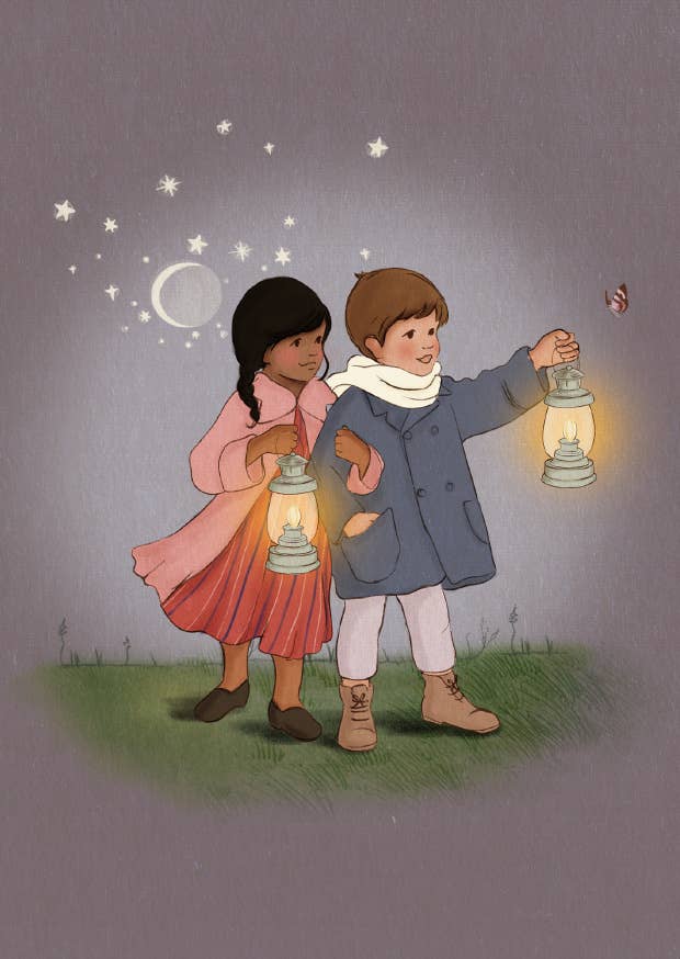 Postkarte Nachtabenteuer Mädchen und Junge nachts mit Laterne- Illustriert von Belle&Boo