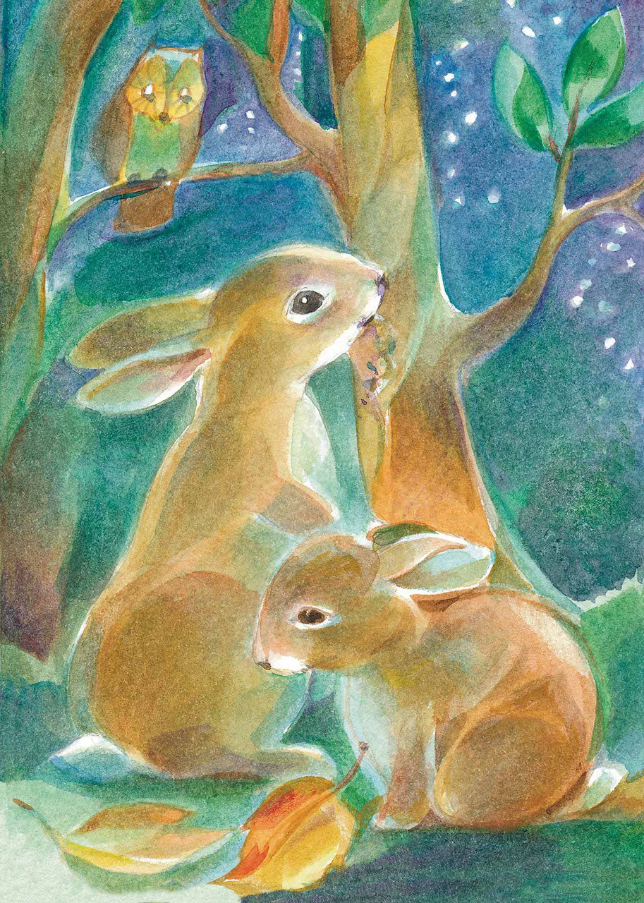 Herbst Postkarte Nachtausflug PKHE229: zwei Hasen fressen nachts Blaetter, Eule beobachtet von einem Ast, Aquarell von Marie Laure Viriot