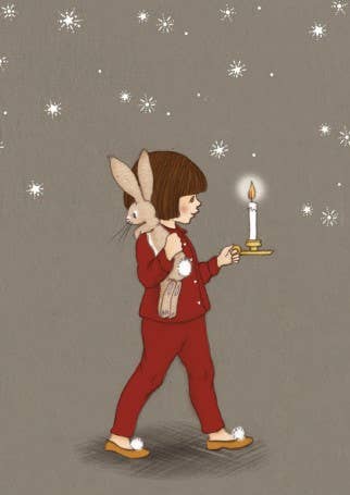 Postkarte Nachtlicht, zeigt Kind mit Kerze und Hase, von Belle & Boo