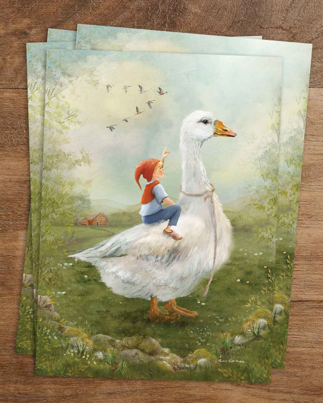 Märchen Postkarte Nils Holgersson PKFR238: Nils Holgersson auf einer Gans 
Zeichnung von Iris Esther