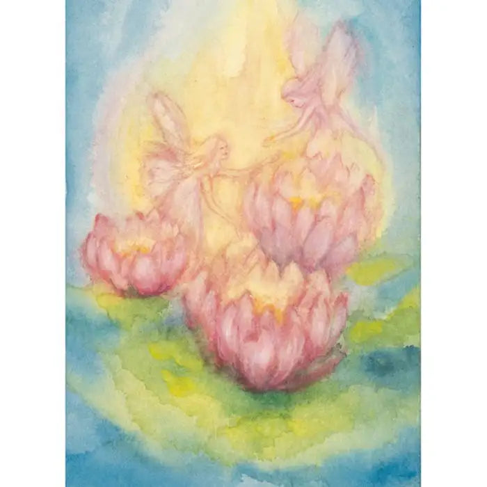 Postkarte Nymphen: zwei Elfen schweben über Seerosenblüten im goldenen Licht, Aquarell von Marjan van Zeyl