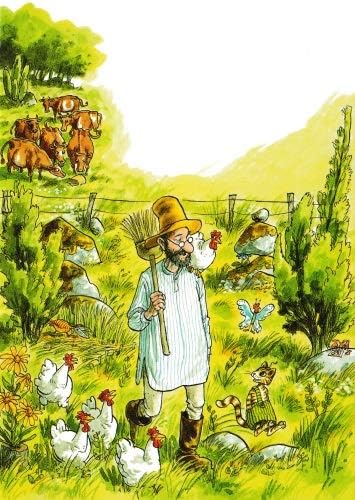 Postkarte Pettersson auf der Wiese: Pettersson mit Hühnern und Findus auf sonniger Weide, Illustration von S. Nordquist