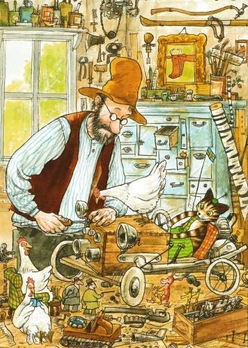 Postkarte Petterssons Auto: Pettersson baut Auto in Werkstatt, Findus im Fahrersitz, Illustration von S. Nordquist