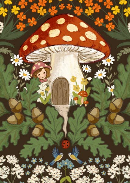 Herbstpostkarte Pilzhaus zeigt ein Fliegenpilzhaus im Wald mit Wichtel, Illustriert von Belle & Boo