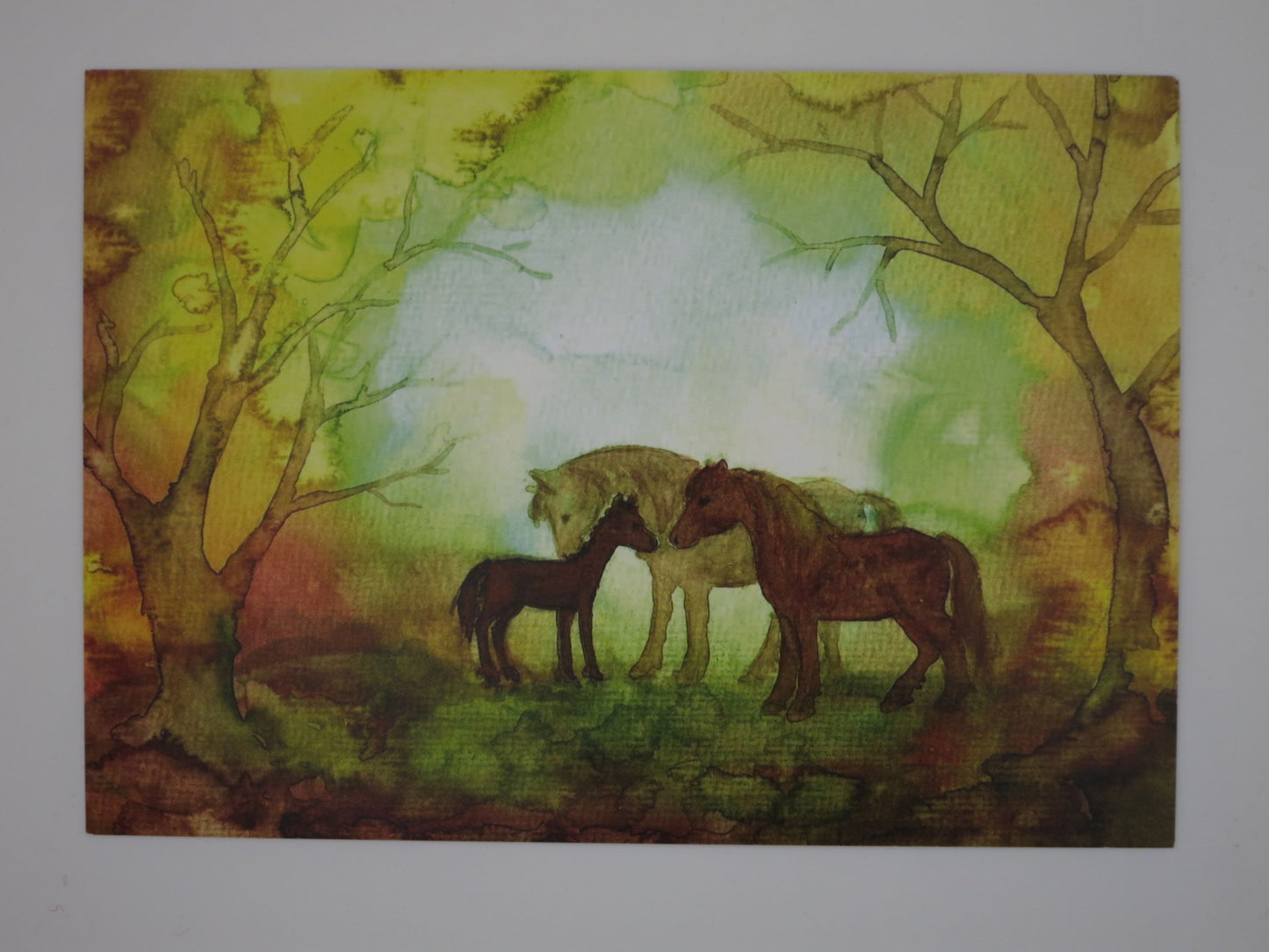 Herbst Postkarte Ponyfamilie PKHE162: drei Ponys begruessen sich Nase an Nase im Herbstwald, Aquarell von Anna Hunold
