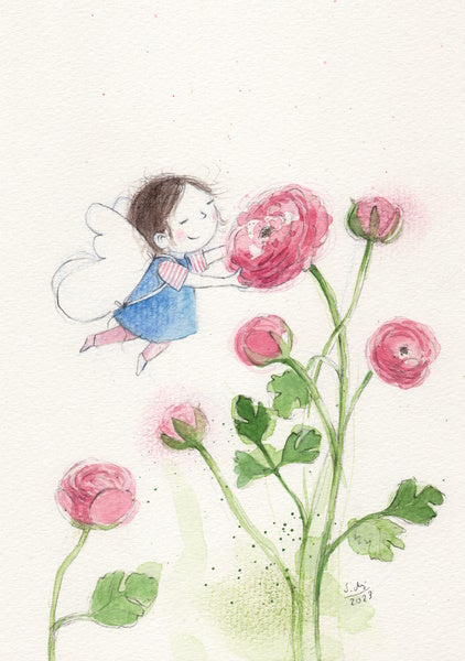Waldorf Postkarte Ranunkel PKFR6: kleine Fee mit weißen Flügeln berührt eine zartrosa Ranunkelblüte, Aquarell von Stefanie Messing