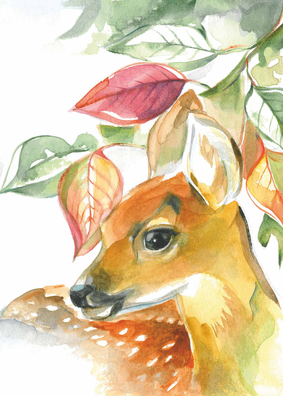 Herbst Postkarte Rehkitz PKHE228: Kopf eines jungen Rehs mit weiss geflecktem Fell zwischen Herbstblaettern, Aquarell von Marie Laure Viriot