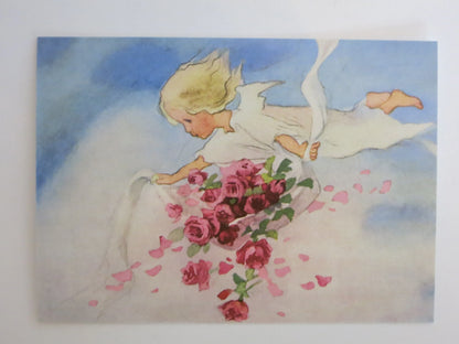 Postkarte Rosenengel Detailansicht: Engel mit Rosenstrauß, Vintage-Aquarell von Mili Weber