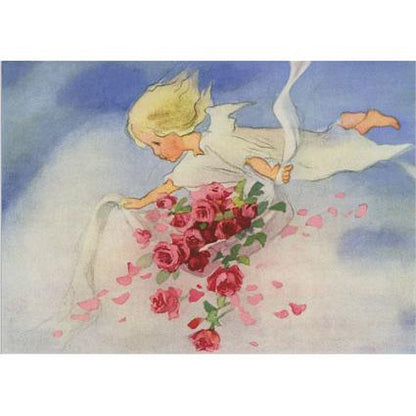 Postkarte Rosenengel: Engel mit Rosenstrauß im Flug durch Wolken, Vintage-Aquarell von Mili Weber