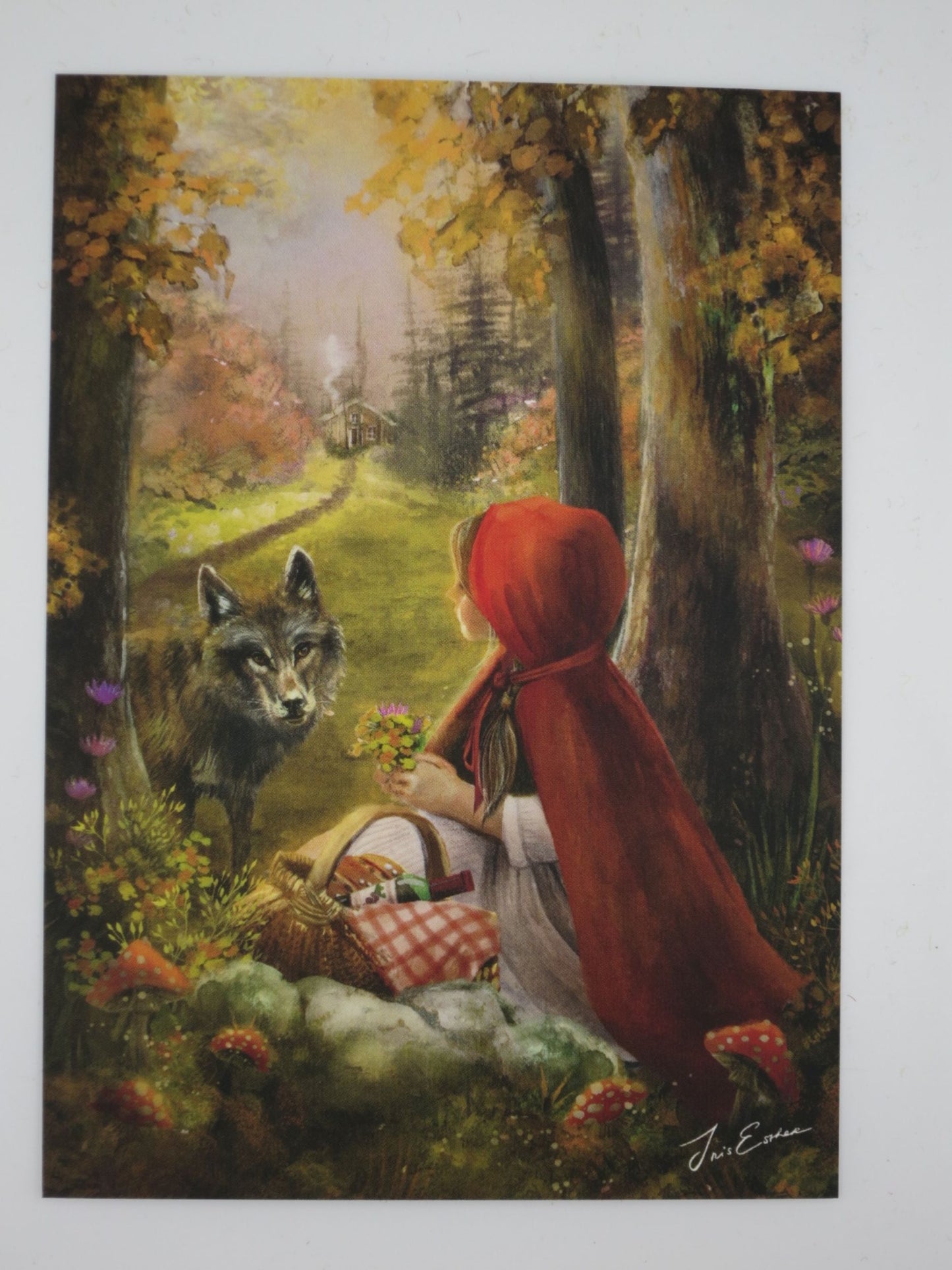 Maerchen Postkarte Rotkaeppchen PKHE254: Maerchenfigur mit rotem Umhang und dem Wolf im Wald
Zeichnung von Iris Esther