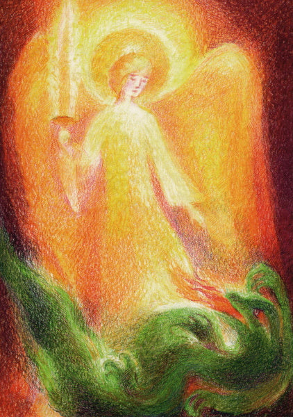 Erzengel Michael mit Schwert bezwingt den Drachen – Postkarte Sankt Michael von Marie Laure Viriot