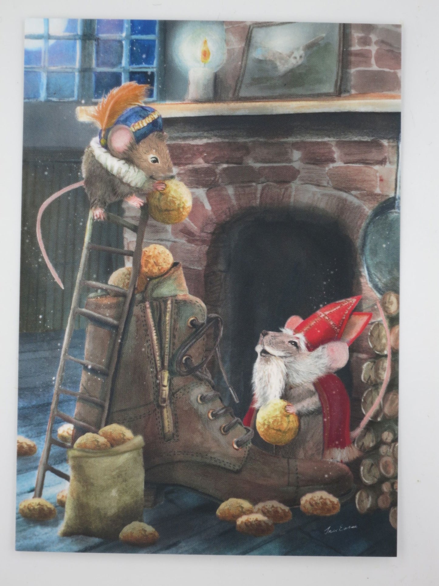 Winter Postkarte Santamaeuse PKWI315: zwei verkleidete Maeuse mit Leiter vor Kamin
Zeichnung von Iris Esther