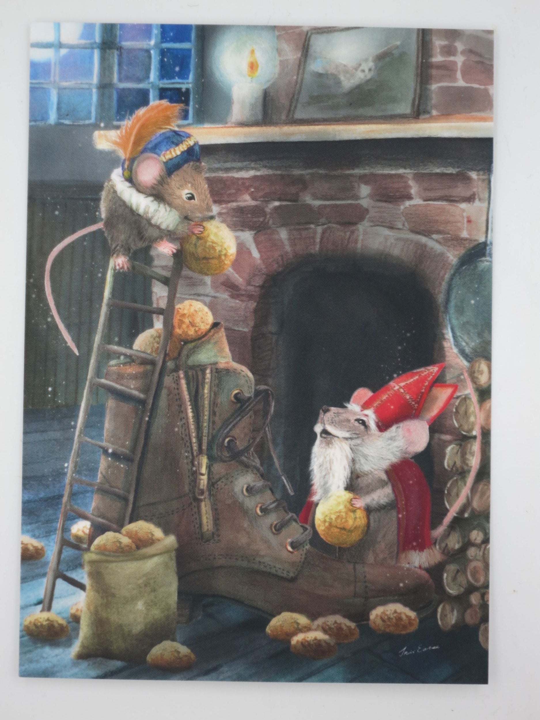 Winter Postkarte Santamaeuse PKWI315: zwei verkleidete Maeuse mit Leiter vor Kamin
Zeichnung von Iris Esther